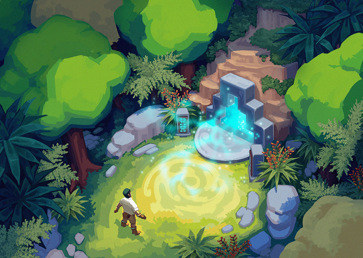 MT Whare - Lush jungle clearing with a glowing shrine and adventurer in futuristic Aotearoa