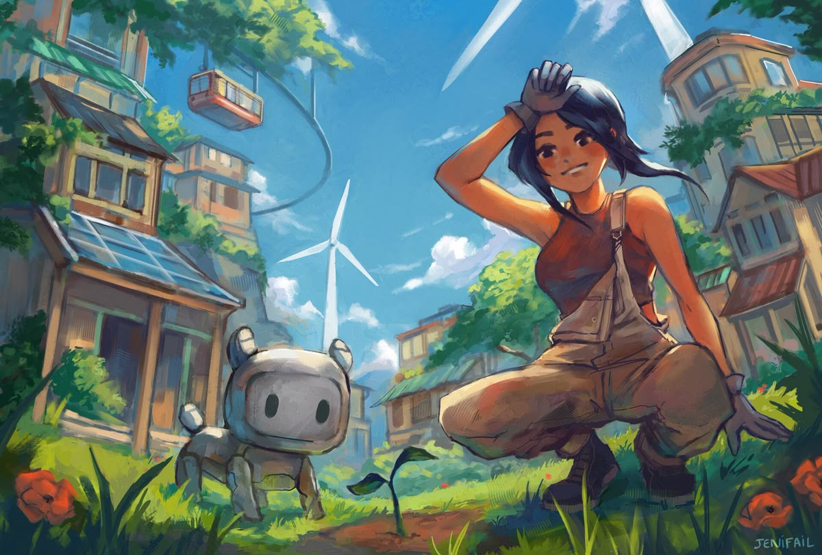 Aotearis - Solarpunk future city with adventurer and robot companion